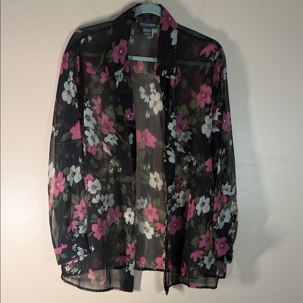 Notations Black Sheer Floral Button-Up Blouse with Pink and White Flowers